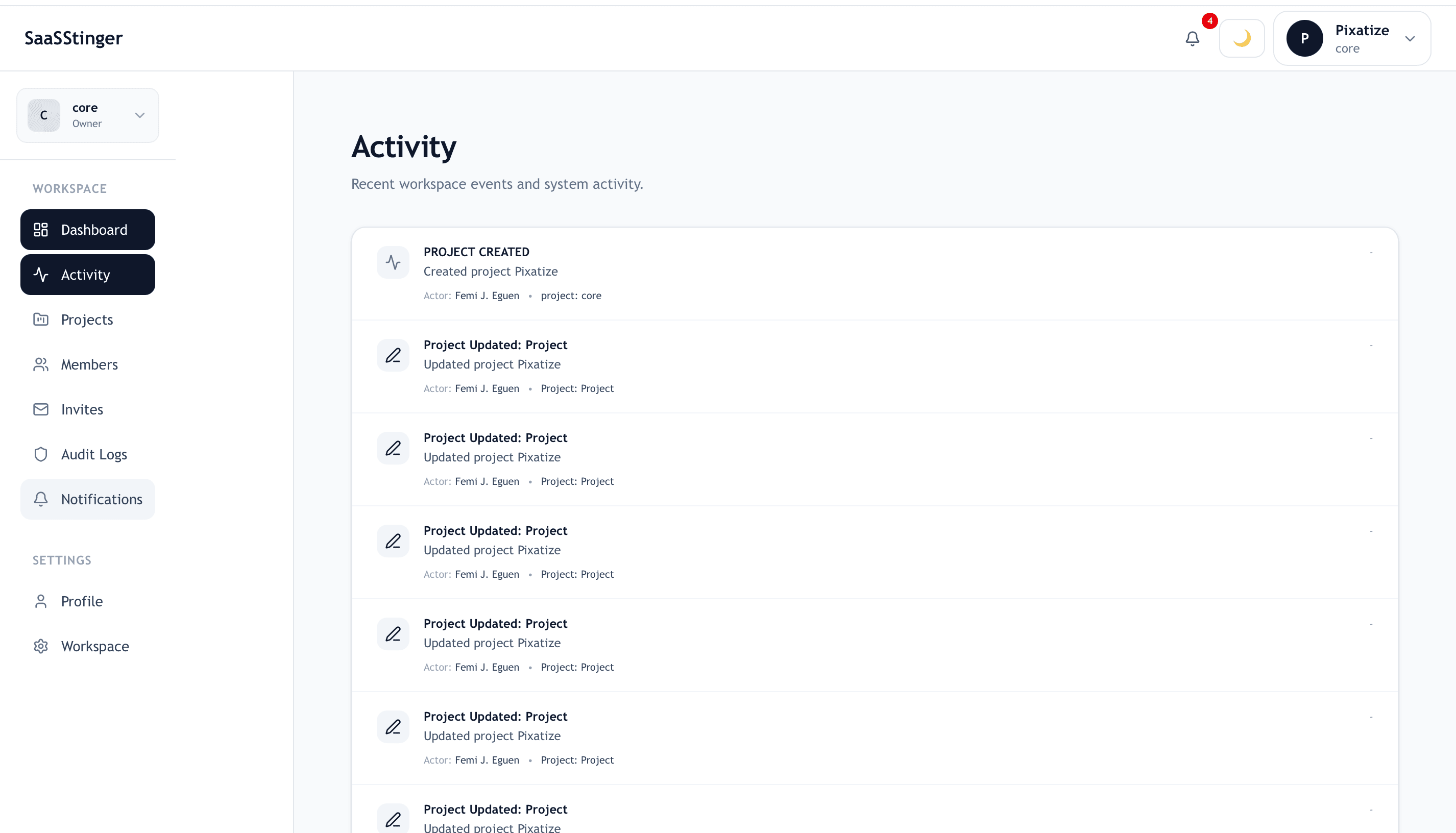 Workspace activity log timeline