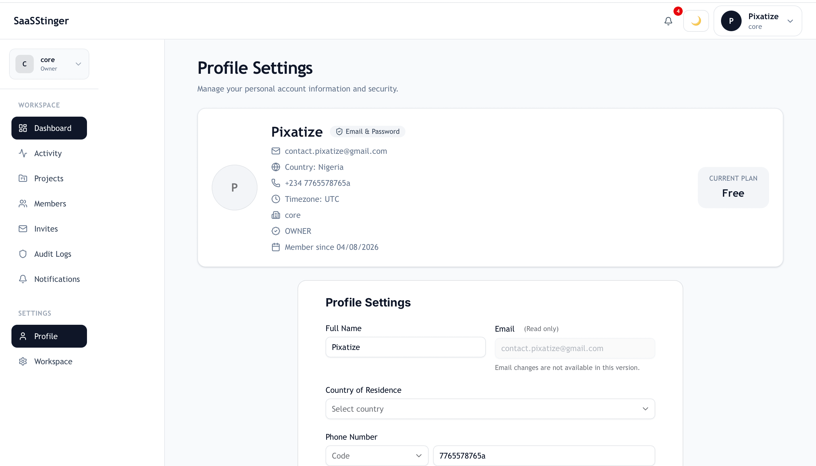 Profile settings interface