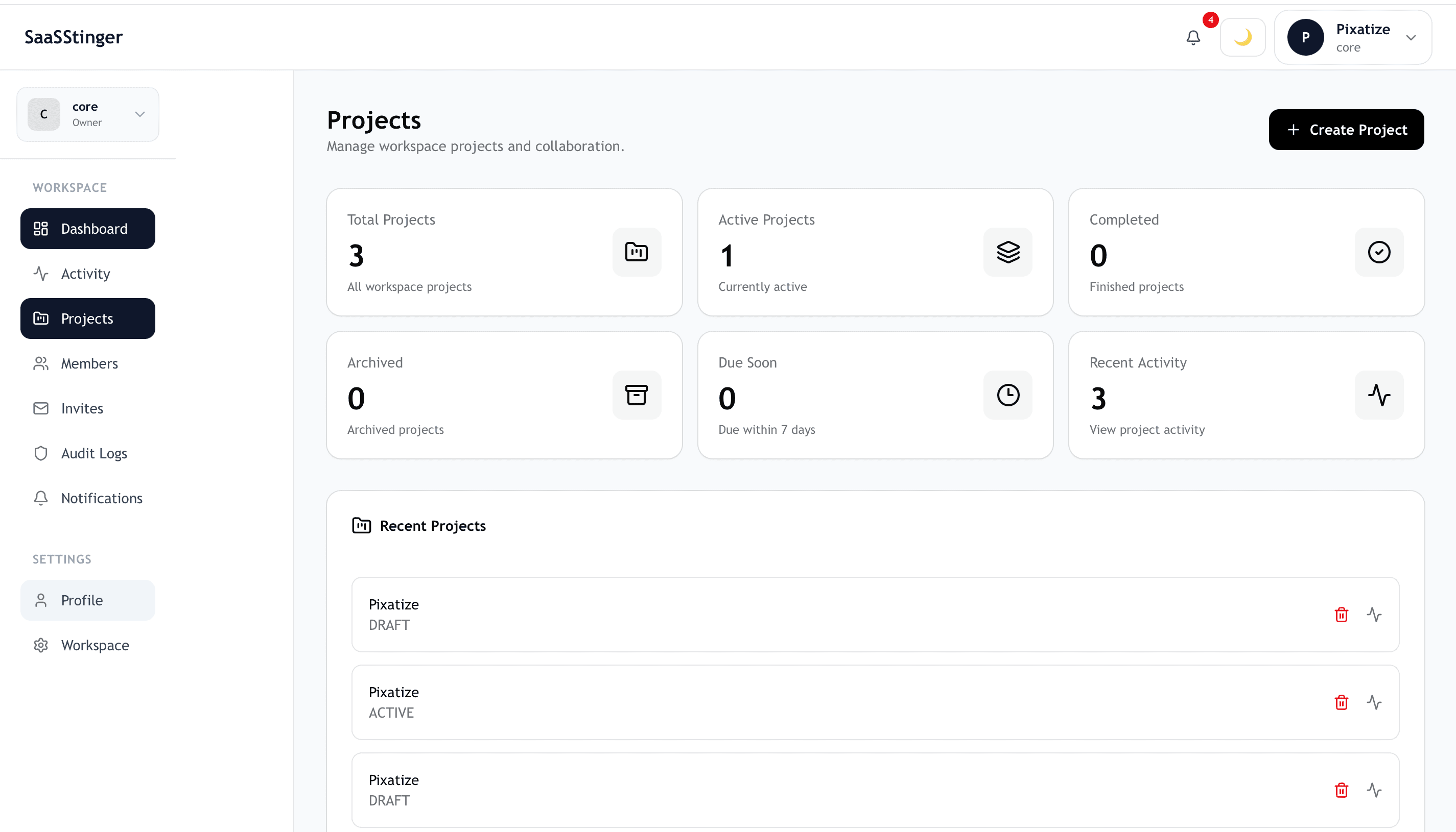 Project workspace showing notes, tasks, metrics, charts, tables, and activity feed