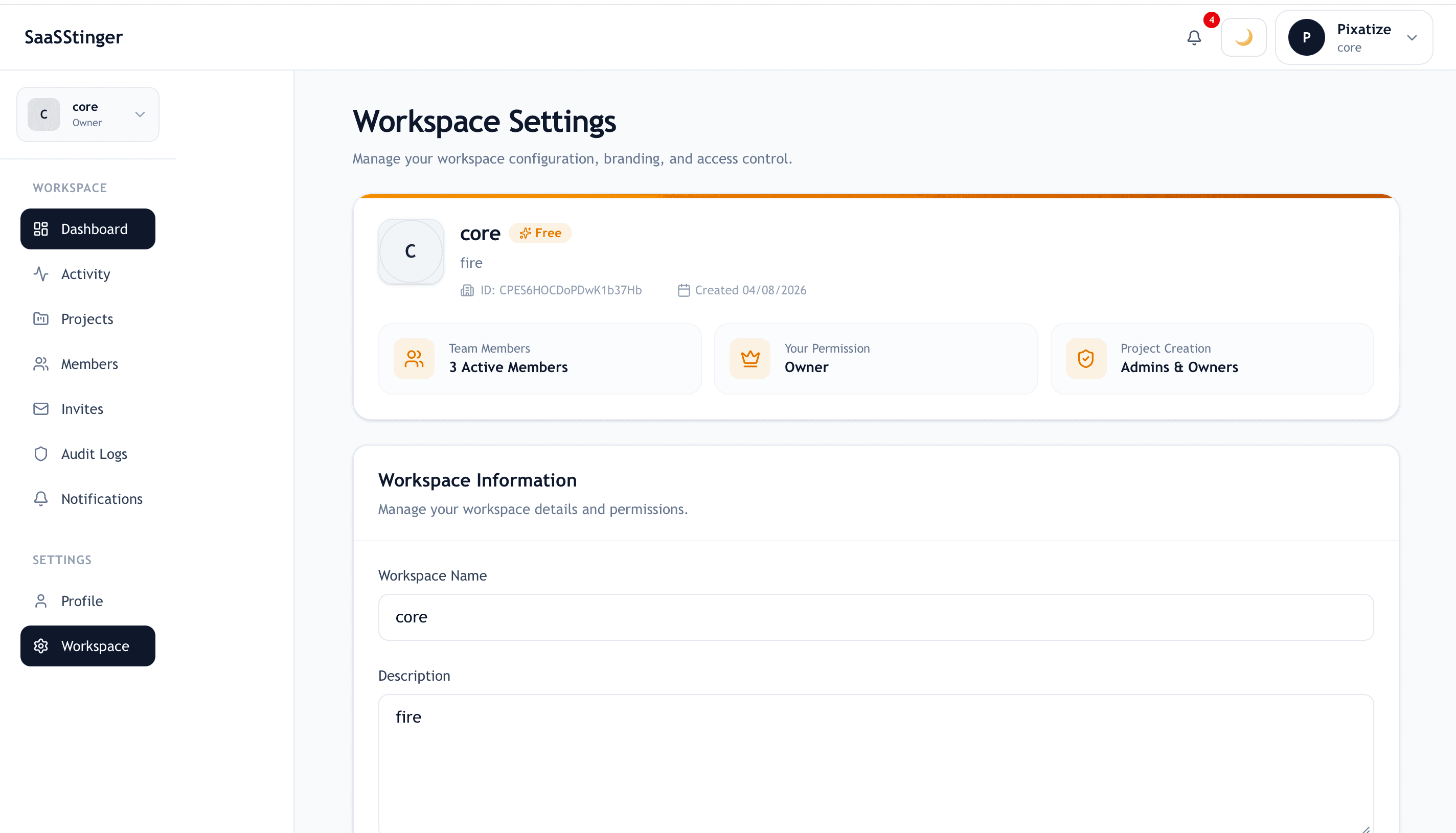 Workspace management interface